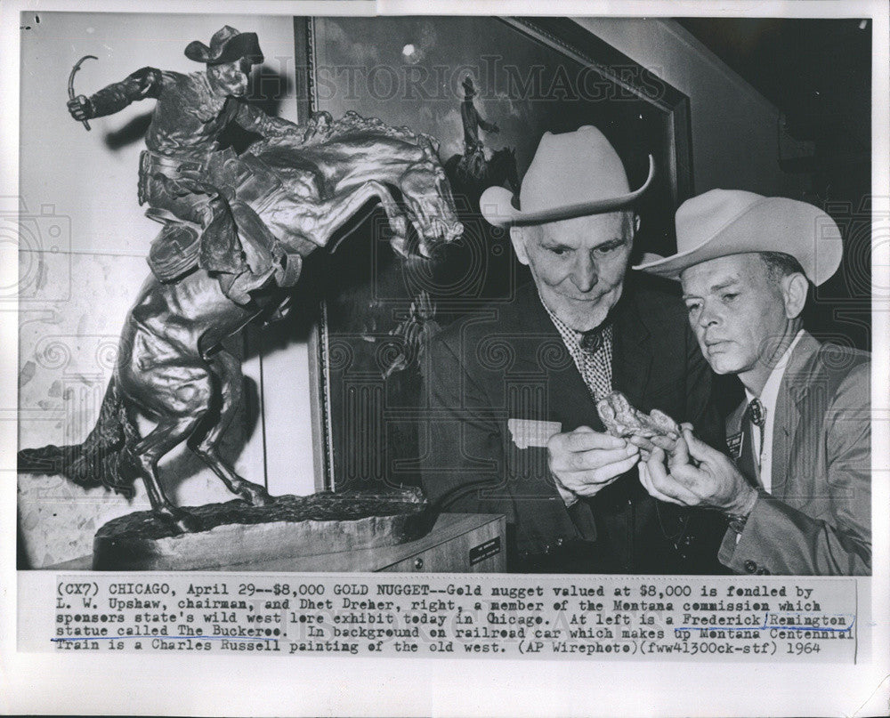 1964 Press Photo LW Upshaw, Dhet Dreher, Frederic Remington Statue, The Buckeroo - Historic Images