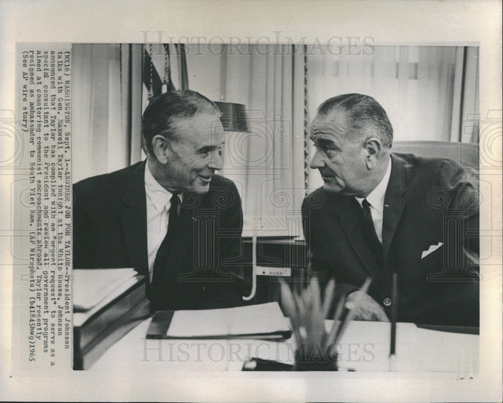 1965 Press Photo President Lyndon Johnson, Gen Maxwell Taylor, White House - Historic Images