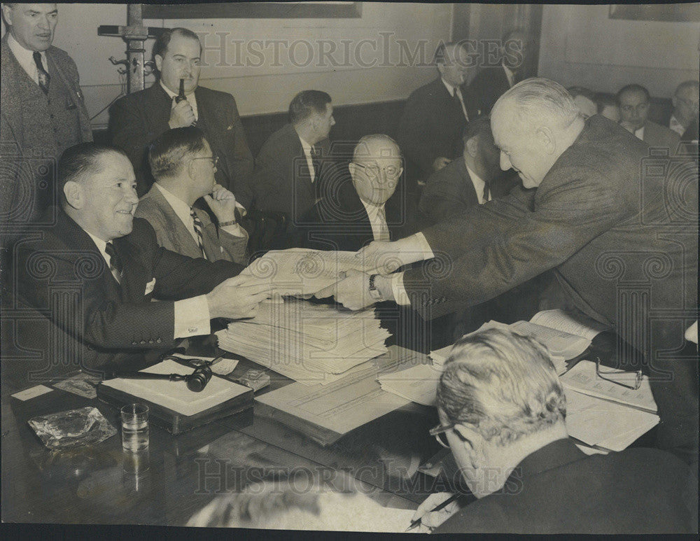 1954 Press Photo Ald. P. J. Cullerton receives petitions signed by 30,000 for - Historic Images