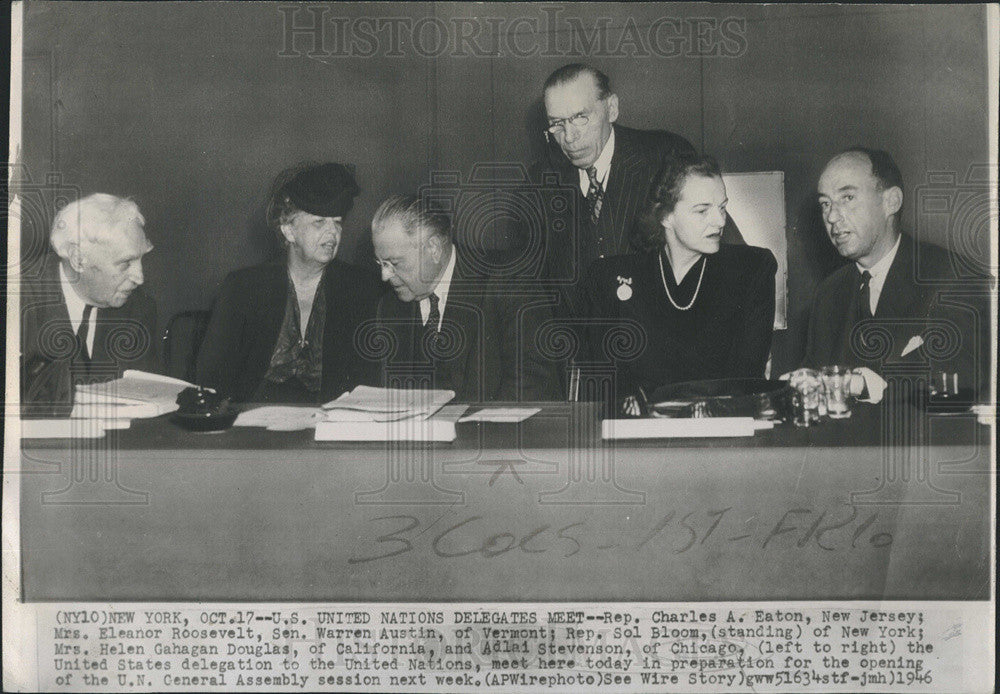 1946 Press Photo Rep. Charles A. Eaton Eleanor Roosevelt Sen. Warren Austin - Historic Images