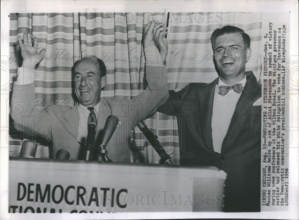 1956 Press Photo Gov G Mennen Williams, Adlai Stevenson, Hilton Hotel - Historic Images