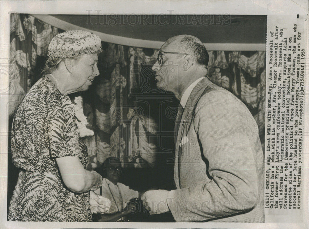 1956 Press Photo First Lady Eleanor Roosevelt &amp; Son James California Rep Talking - Historic Images