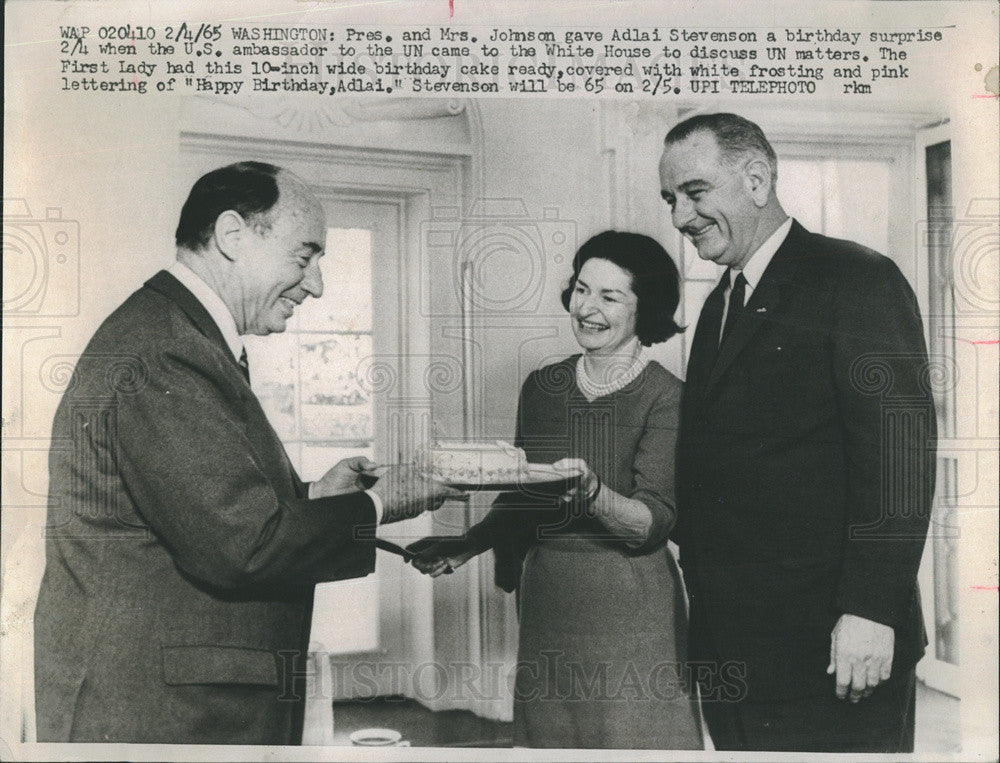 1965 Press Photo Pres. Mrs. Johnson Adlai Stevenson U.S. Ambassador UN White - Historic Images