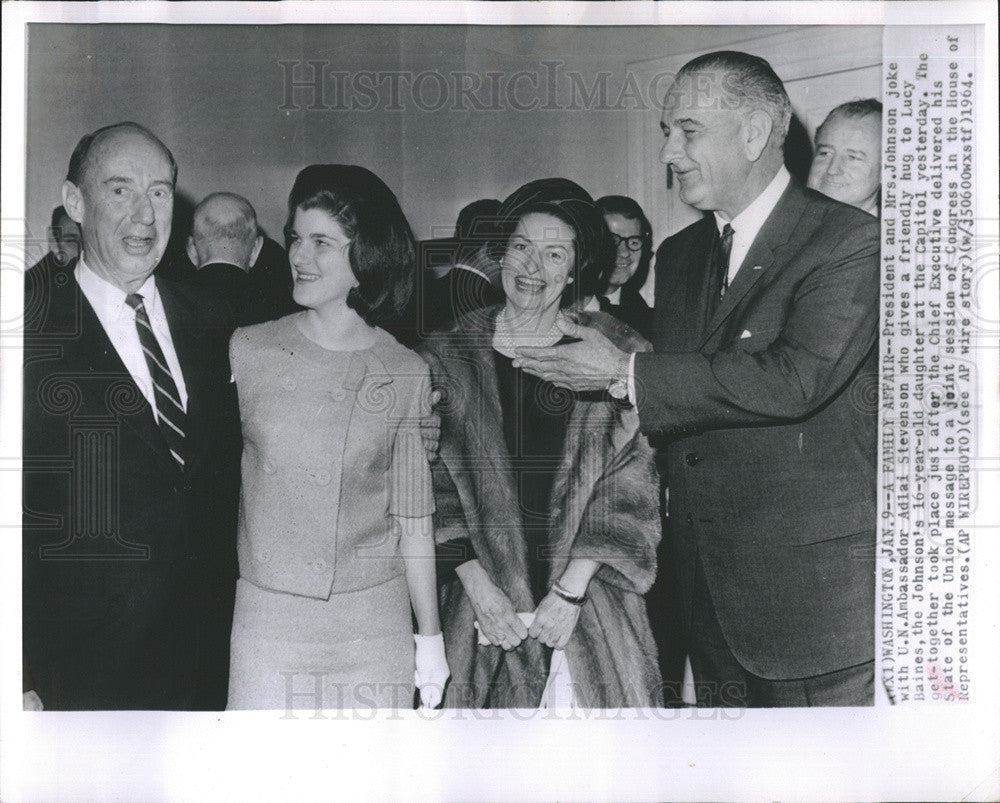 1964 Press Photo President Mrs. Johnson UN Ambassador Adlai Stevenson daughter - Historic Images