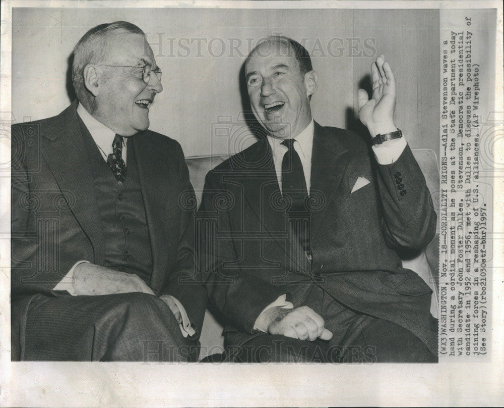 1957 Press Photo Adlai Stevenson State Department Secretary John Foster Dulles - Historic Images