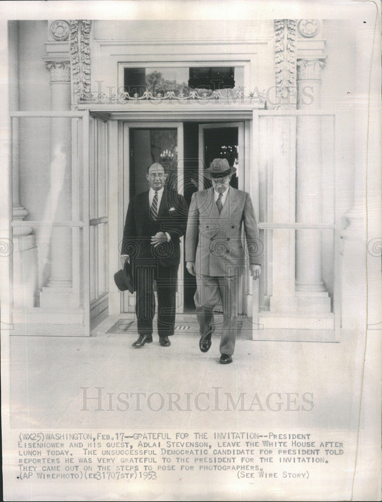 1953 Press Photo President Eisenhower Adlai Stevenson Leave White House Lunch - Historic Images