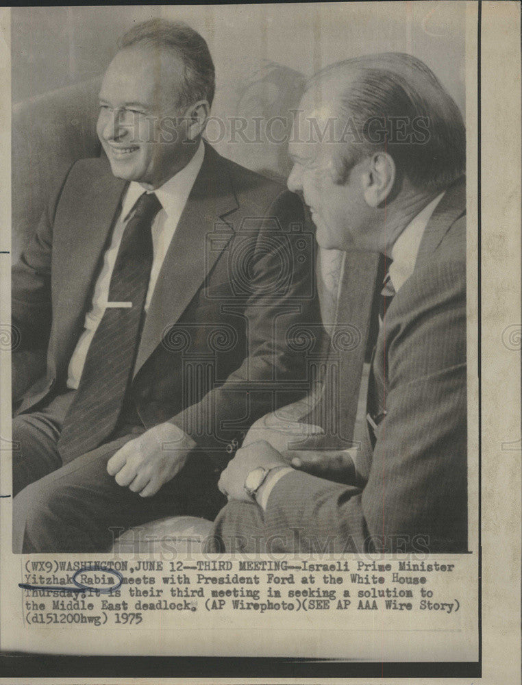 1975 Press Photo Israeli PM Yitzhak Rabia With Pres Ford At White House-Middle - Historic Images