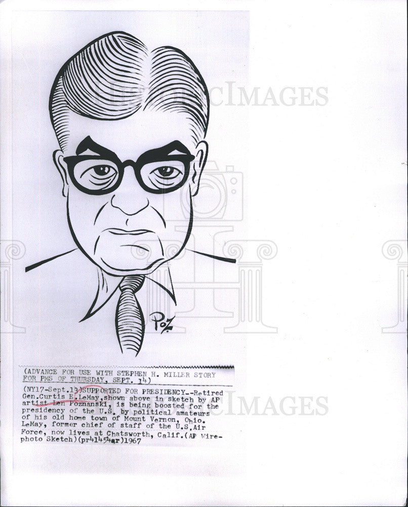 1967 Press Photo of sketch of Gen. Curtis E. LeMay by Len Poznanski - Historic Images