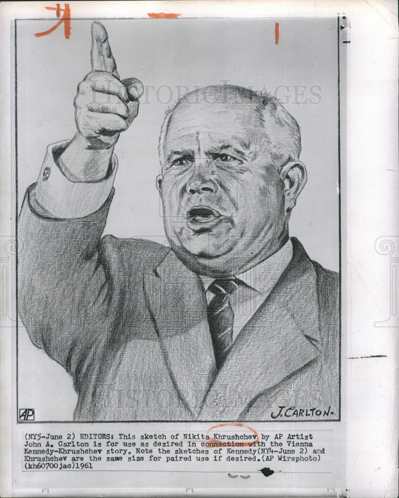 1961 Press Photo sketch of Nikita Khrushchev by John A Carlton - Historic Images