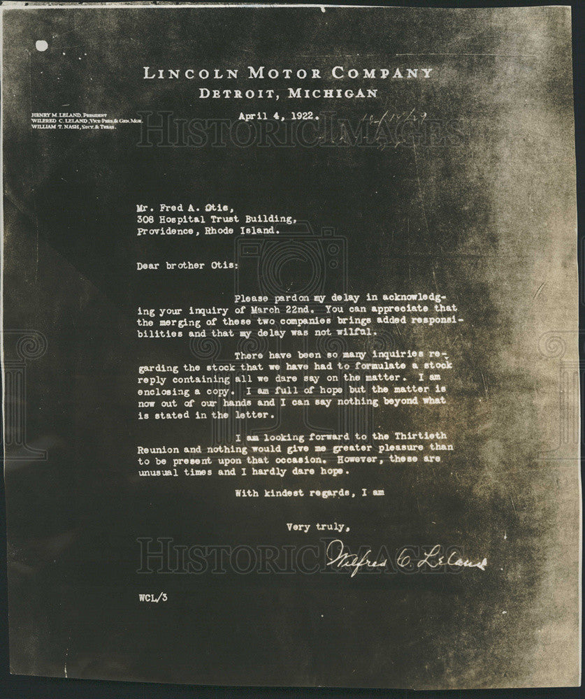 1922 Press Photo Letter from Wilfred Leland of Lincoln Motor Co. about Ford merg - Historic Images