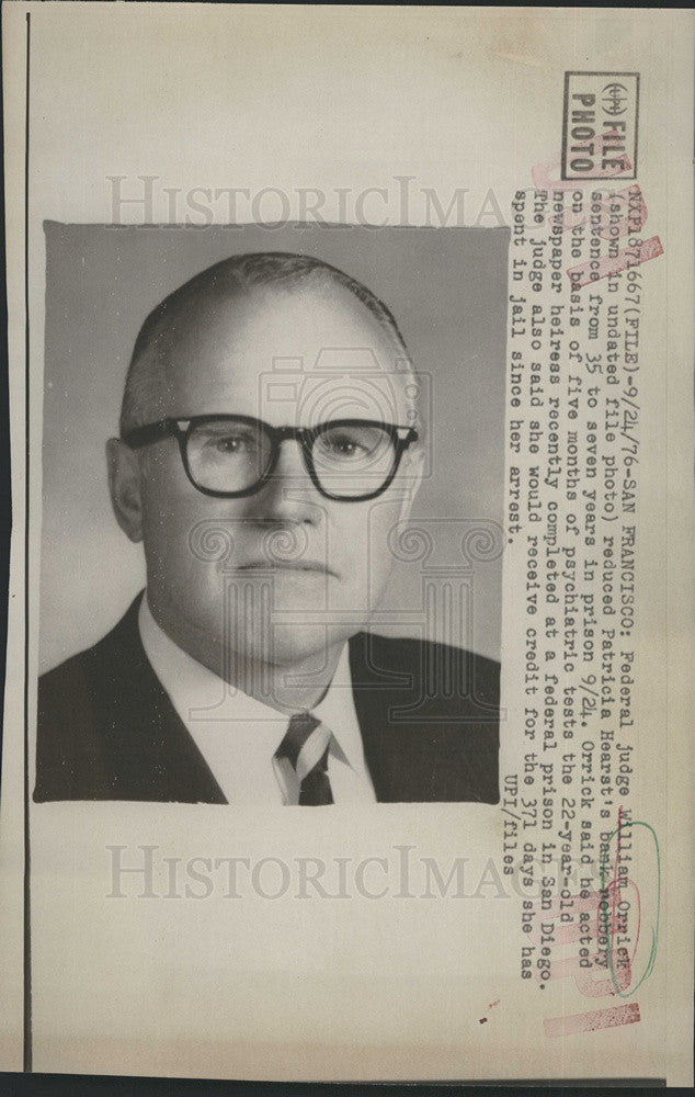 1976 Press Photo Federal Judge William Orrick Reduced Patricia Hearst Sentence - Historic Images