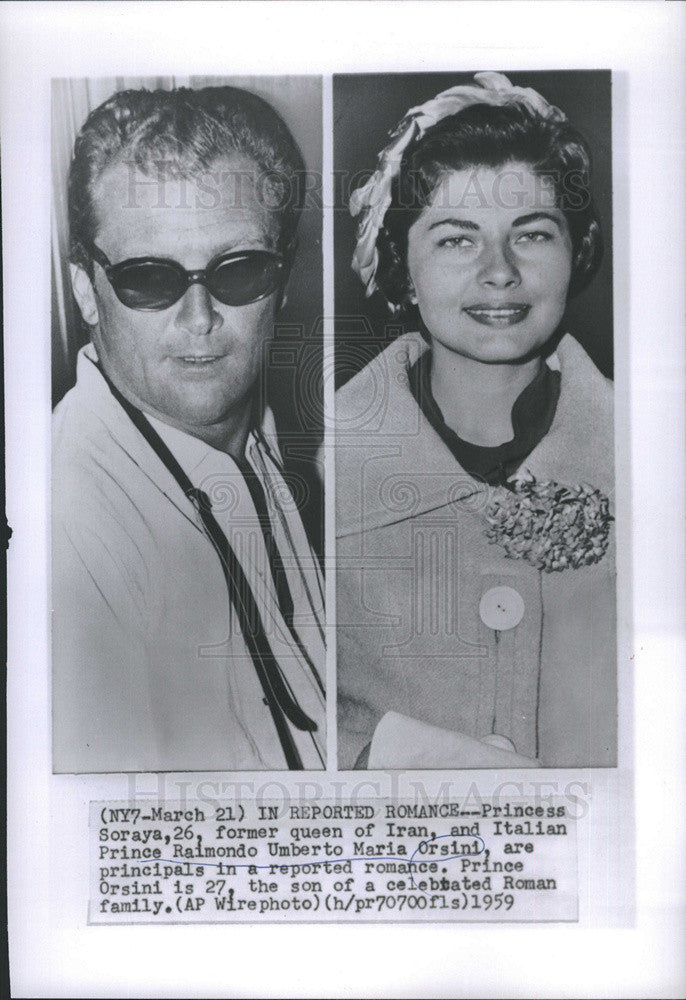 1959 Press Photo Former Queen of Iran Soraya &amp; Italian Prince Orsini in Romance - Historic Images