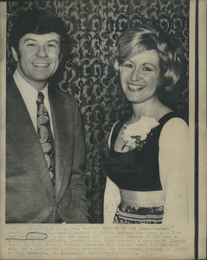 1973 Press Photo Teacher of the Year Marilyn Orsuccci with Superintendent Bakal - Historic Images