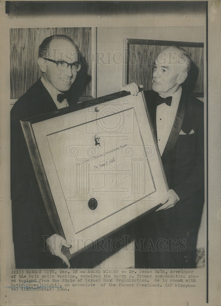 1966 Press Photo Dr Jonas Salk developer Salk polio vaccine Harry S Truman Award - Historic Images