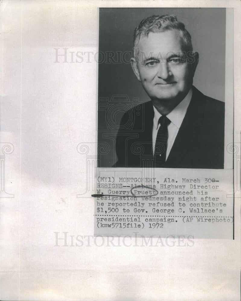 1972 Press Photo Alabama Highway Director W. Guerry Pruett - Historic Images