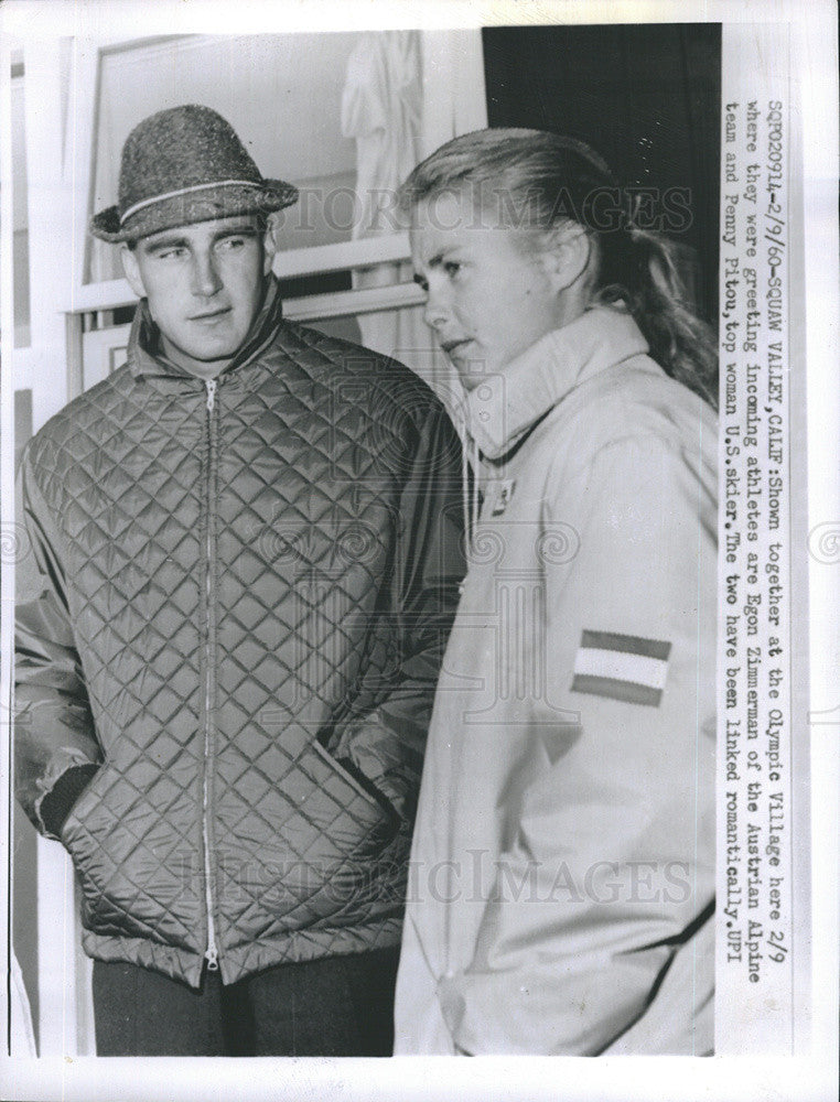 1960 Press Photo Skiers Australia&#39;s Egon Zimmerman and U.S. Penny Pitou - Historic Images