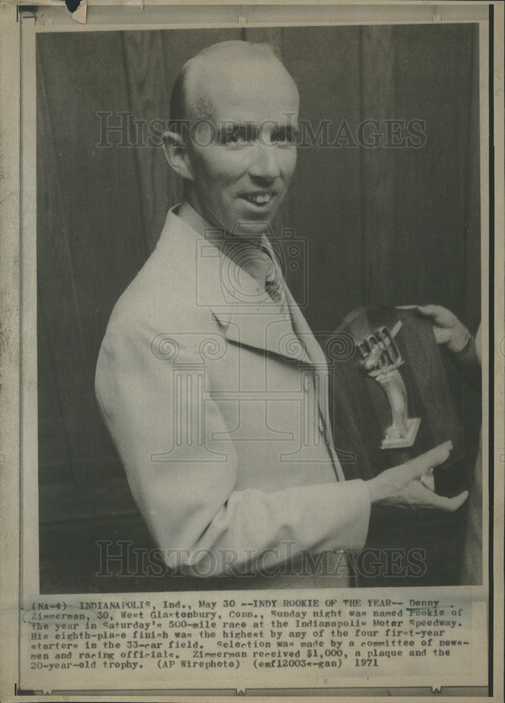 1971 Press Photo Denny Zimmerman, Rookie of the Year at Indianapolis Motor Speed - Historic Images