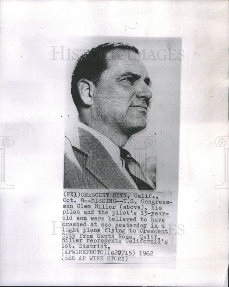 1962 Press Photo US Congressman Clem Miller of California Killed in Accident - Historic Images