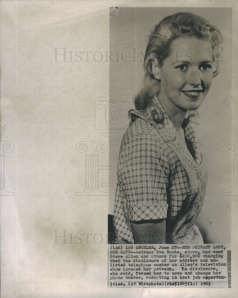 1963 Press Photo Actress Eva Norde Sues Steve Allen For Invading Privacy - Historic Images