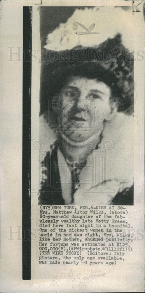 1951 Press Photo Death Announcement of Mrs. Matthew Astor Wilks - Historic Images