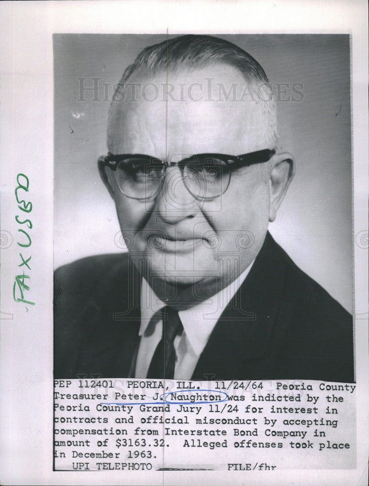 1964 Press Photo Peter J. Naughton Treasurer Peoria County Illinois Indicted - Historic Images