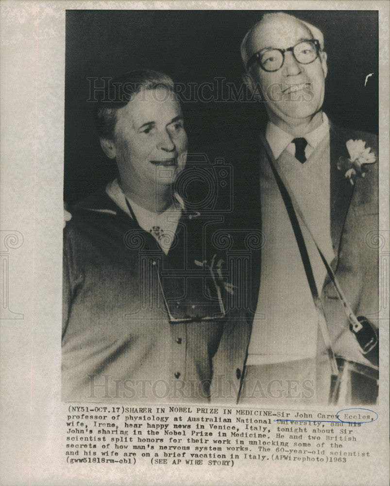 1963 Press Photo Sir John Eccles Shares Nobel Prize Medicine British Scientists - Historic Images