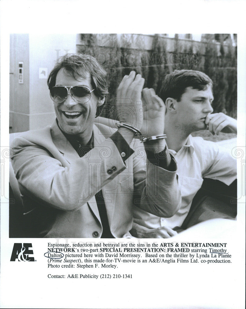 1992 Press Photo Actors Timothy Dalton And David Morrissey In &quot;Framed&quot; On A&amp;E - Historic Images