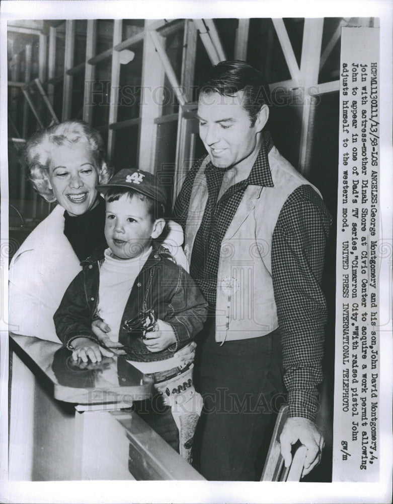 1958 Press Photo George Montgomery And Son With Mother Dinah Shore At Civic - Historic Images
