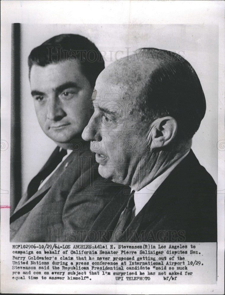 1964 Press Photo Adlai Stevenson &amp; California Senator Pierre Saliniger - Historic Images