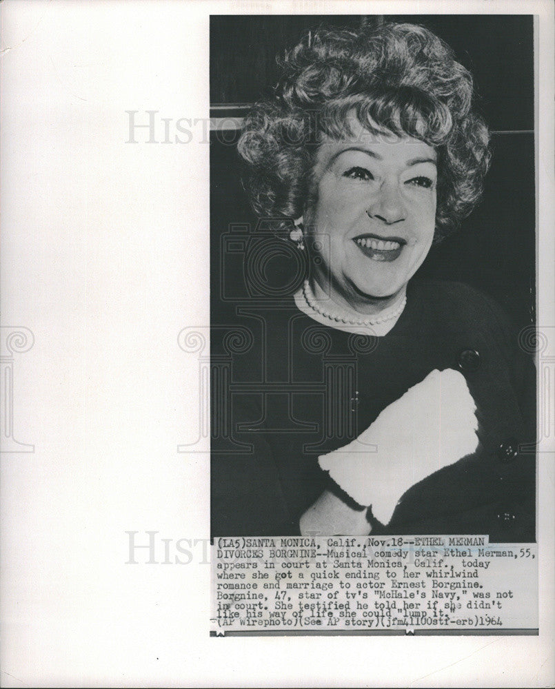 1964 Press Photo Ethel Merman At Court For Divorce From Ernest Borgnine-McHale&#39;s - Historic Images