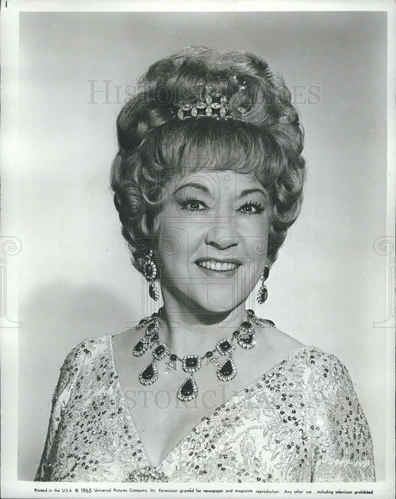 1965 Press Photo Ethel Merman In Sequined Dress And Tiara And Diamond Earrings - Historic Images