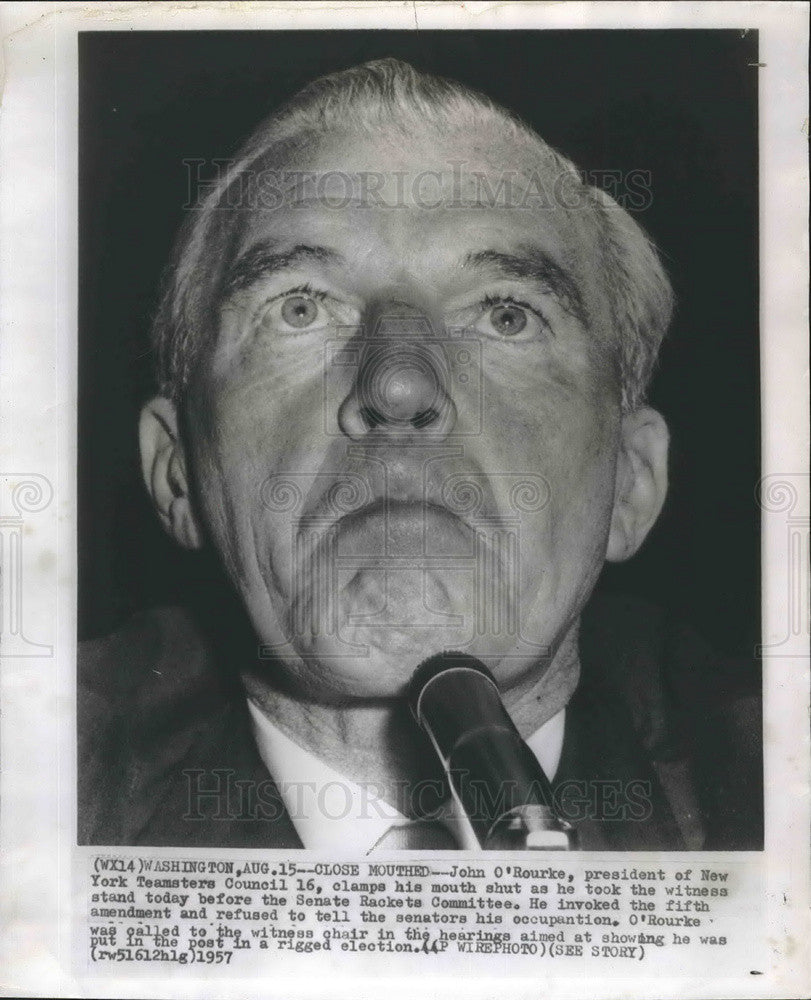 1957 Press Photo John O&#39;Rourke Pres Of NY Teamsters Council Invoke 5th Amendment - Historic Images