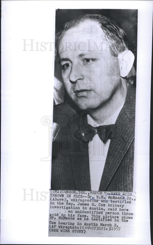 1957 Press Photo Dr. R.E. McMeans Jr./Chiropractor/James E. Cox/Bribery Case - Historic Images