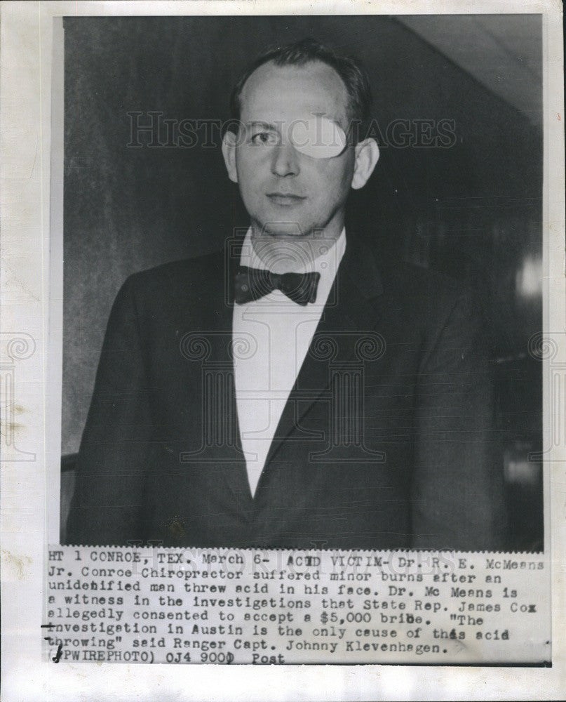 1957 Press Photo Dr. R.E. McMeans/Chiropractor/Acid Burns/James Cox Bribery Case - Historic Images