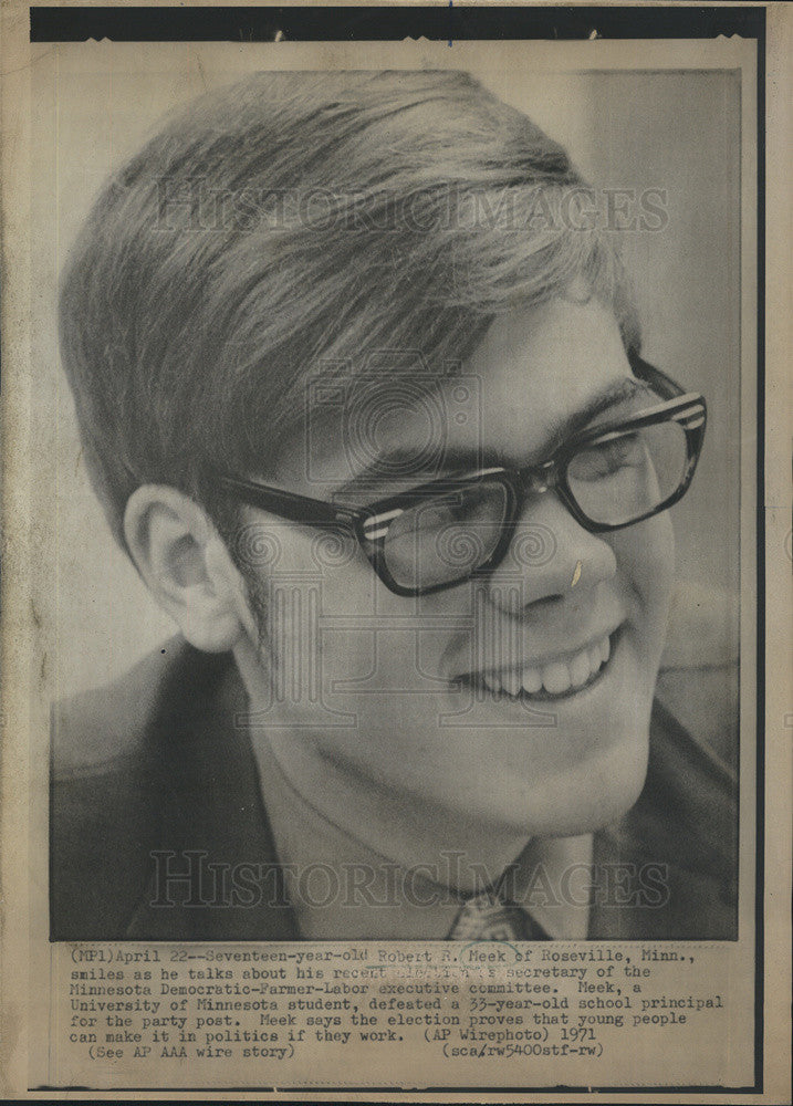 1971 Press Photo Student Robert Meek, Secretary of Minnesota Democratic-Farmer- - Historic Images