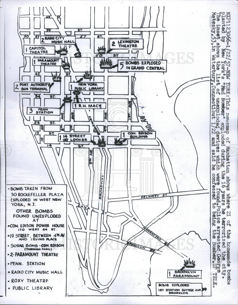 1957 Press Photo Map of New York&quot;s &quot;Mad Bomber&quot; - Historic Images