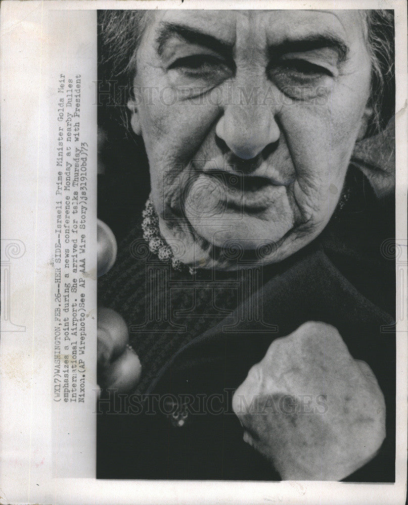 1973 Press Photo Israeli Prime Minister Golda Meir during news conference - Historic Images