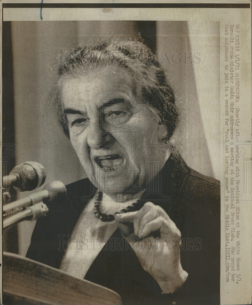 1973 Press Photo Golda Meir after meeting with President Richard Nixon. - Historic Images