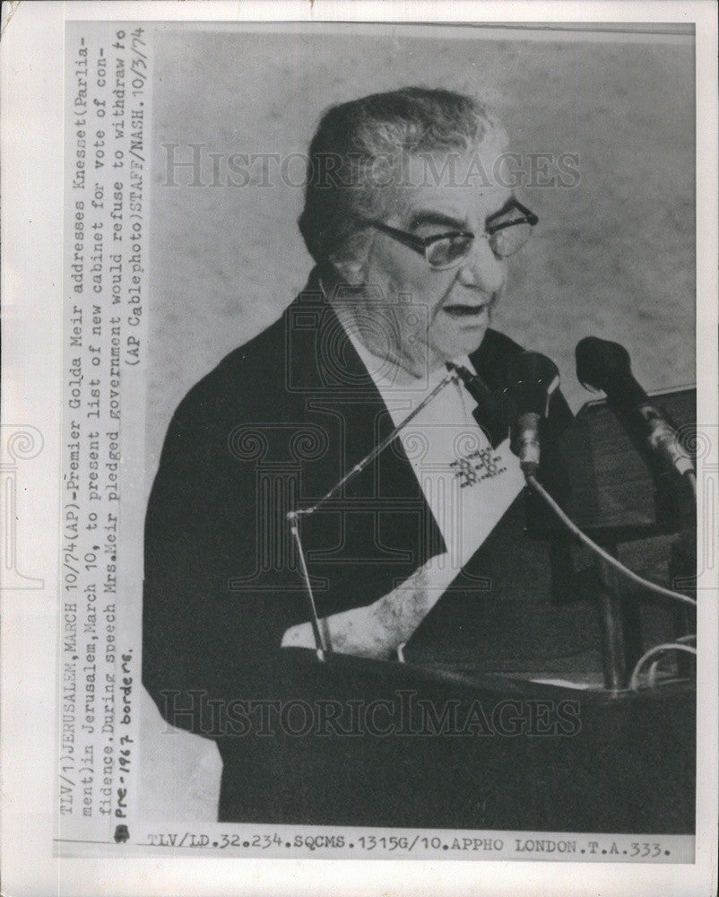 1974 Press Photo Premier Gold Meir Israel Knesset Jerusalem - Historic Images