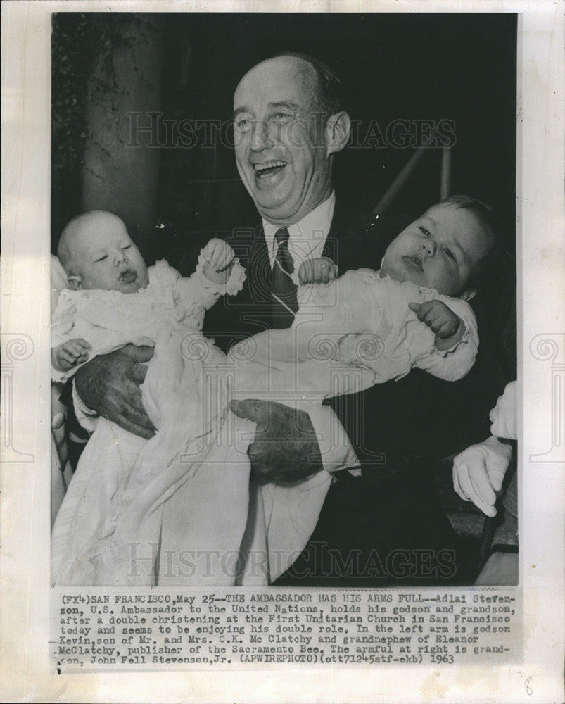 1963 Press Photo Ambassador Adlai Stevenson holds  his godson &amp; grandson. - Historic Images