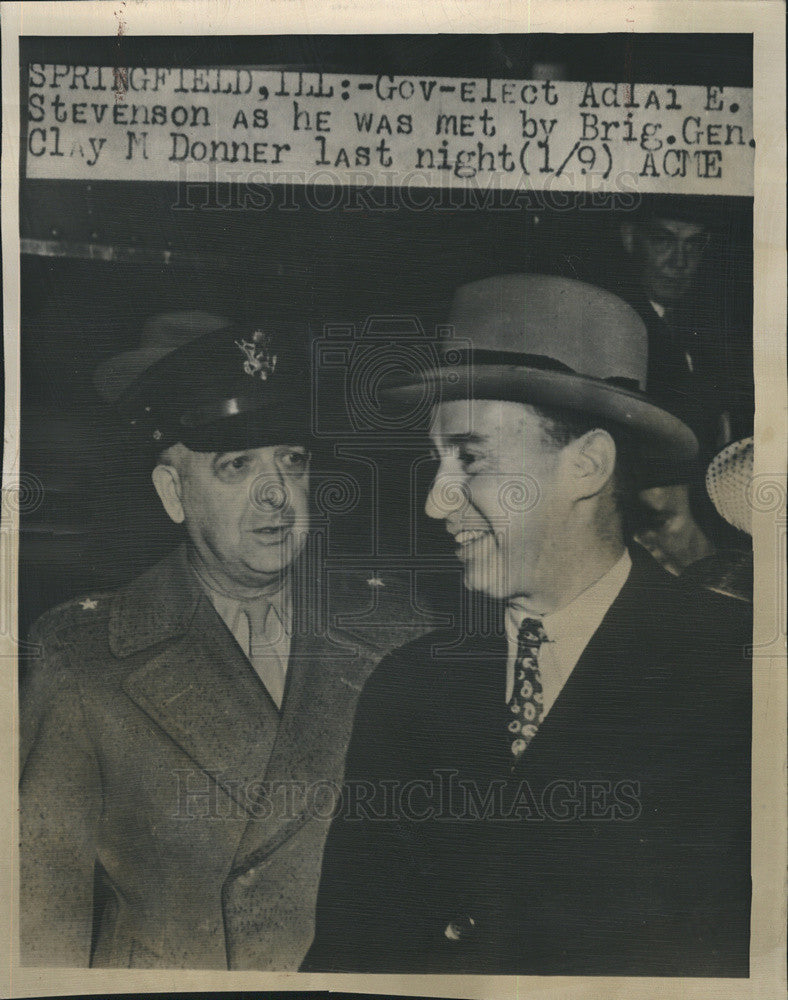 1949 Press Photo Gov Adlai Stevenson, Brig Gen Clay Donner - Historic Images