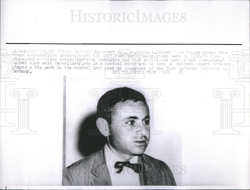 1962 Press Photo of accused communist Adam Yarmolinsky, political appointee - Historic Images