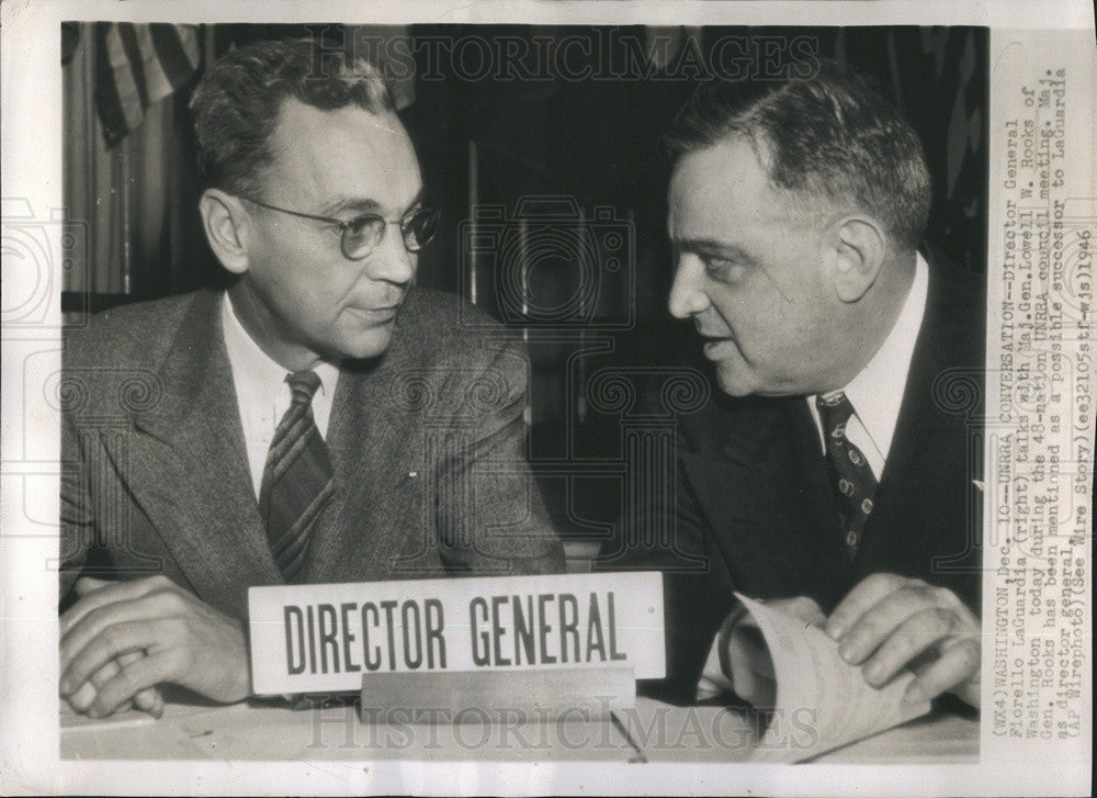 1946 Press Photo Director General Fionello LaGuardia Maj Gen Lowell W Rooks - Historic Images