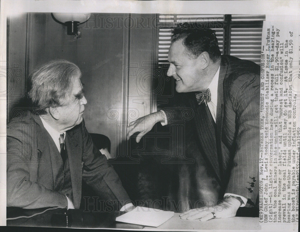 1962 Press Photo John Lewis, Roger Putnam During Hearing Over Coal Miners Pay - Historic Images