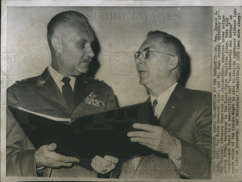 1958 Press Photo Lt. Gen. Donald Putt USAF and Dr. Hugh Dryden - Historic Images