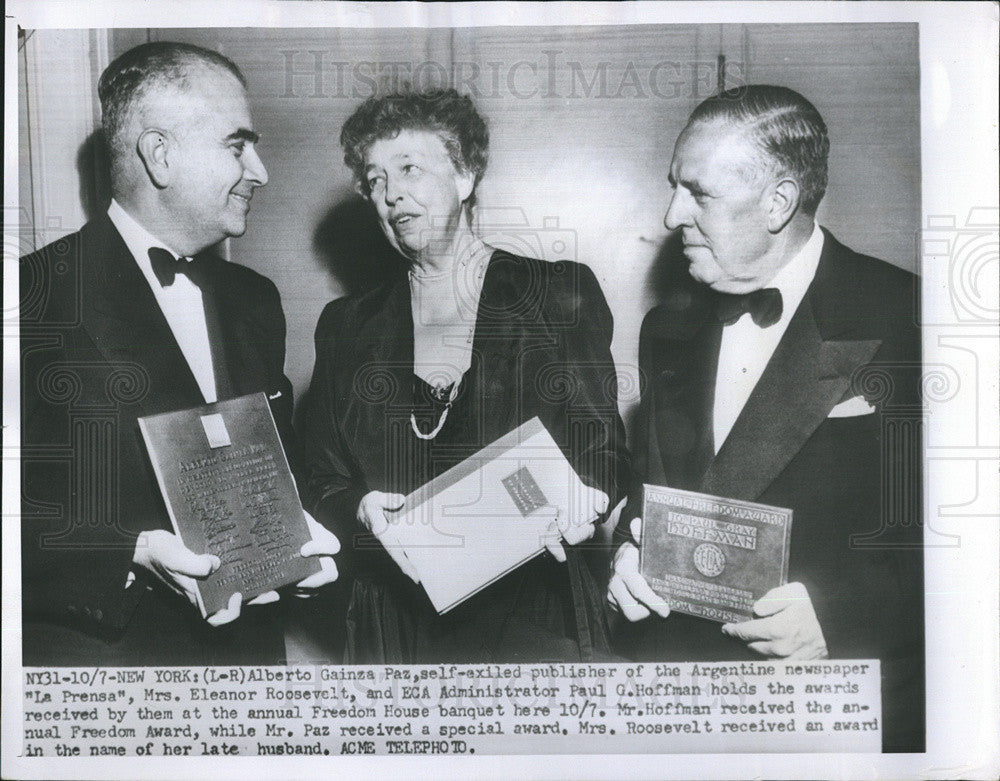 Press Photo Alberto Gainz Paz, Mrs. Eleanor Roosevelt, Paul  Hoffman with awards - Historic Images