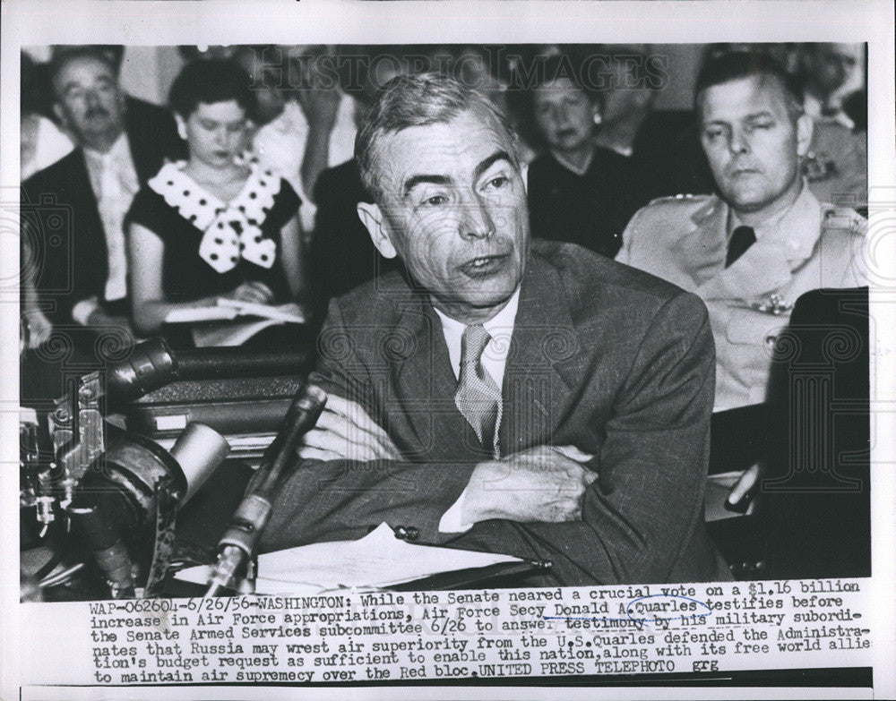 1956 Press Photo Donald A. Quarles Air Force Secretary Testifies At Subcommittee - Historic Images