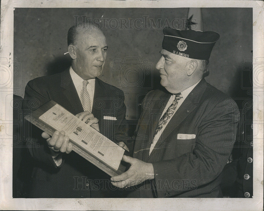 1958 Press Photo Fire Commissioner Robert J Quinn Receives Plaque PF Brautigan - Historic Images