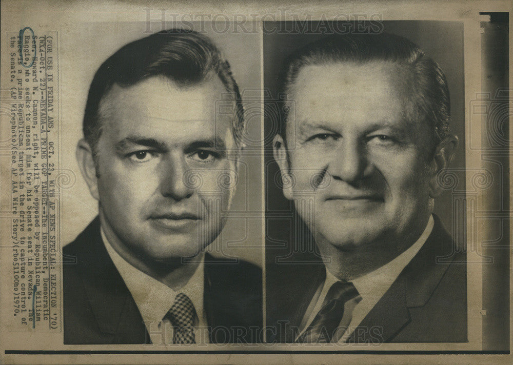 1970 Press Photo Democratic Senator Howard Cannon and Republican William Raggie - Historic Images