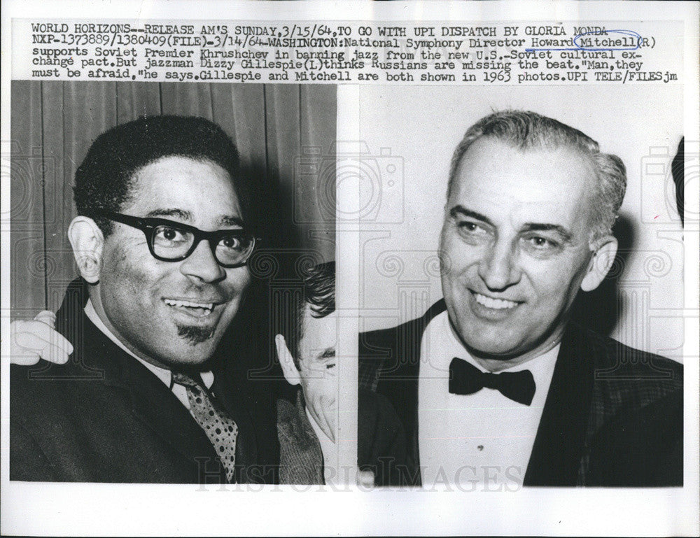 1964 Press Photo Symphony Director Howard Mitchell and Jazzman Dizzy Gillespie - Historic Images